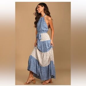 Lulus Hopes and Prairies Blue Multi Floral Print Tiered Maxi Dress Sz Small